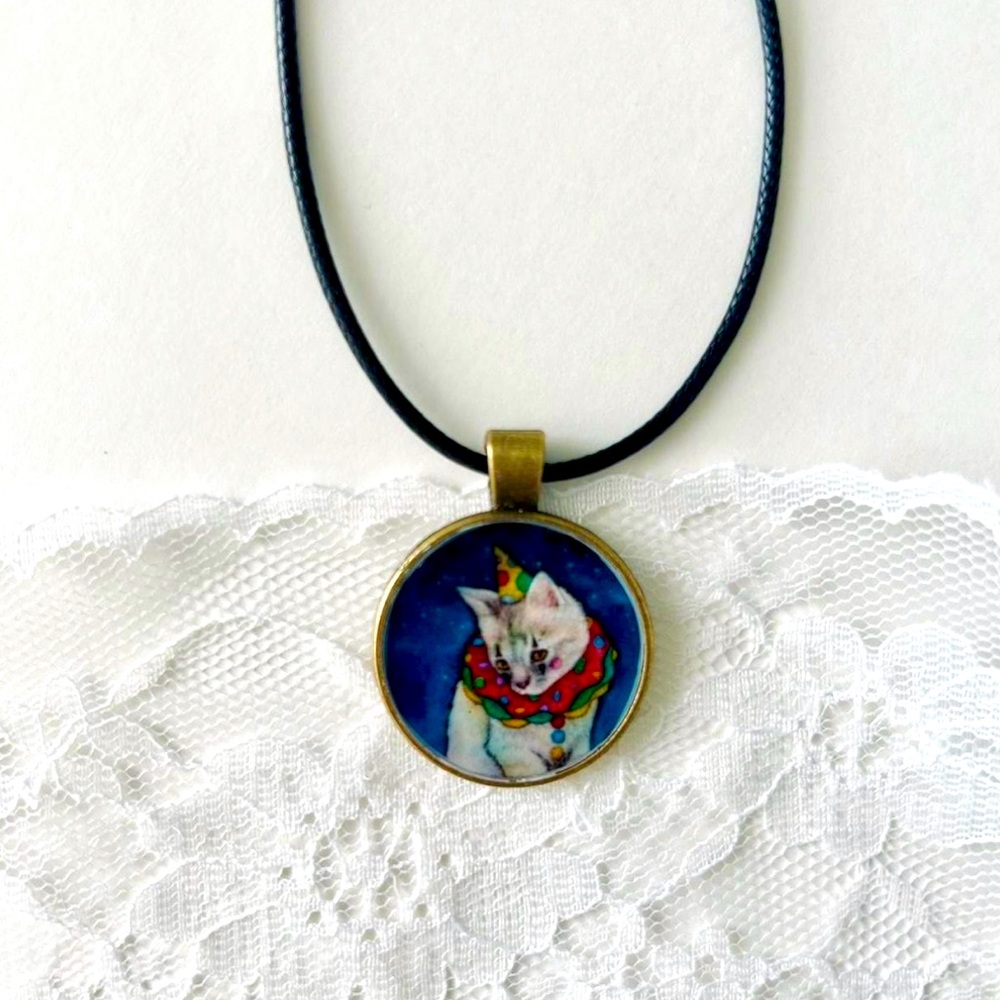 Cat clown bronze necklace